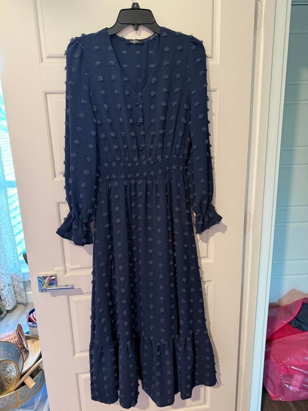Fashion Blue Long Sleeve Midi Dress Size M